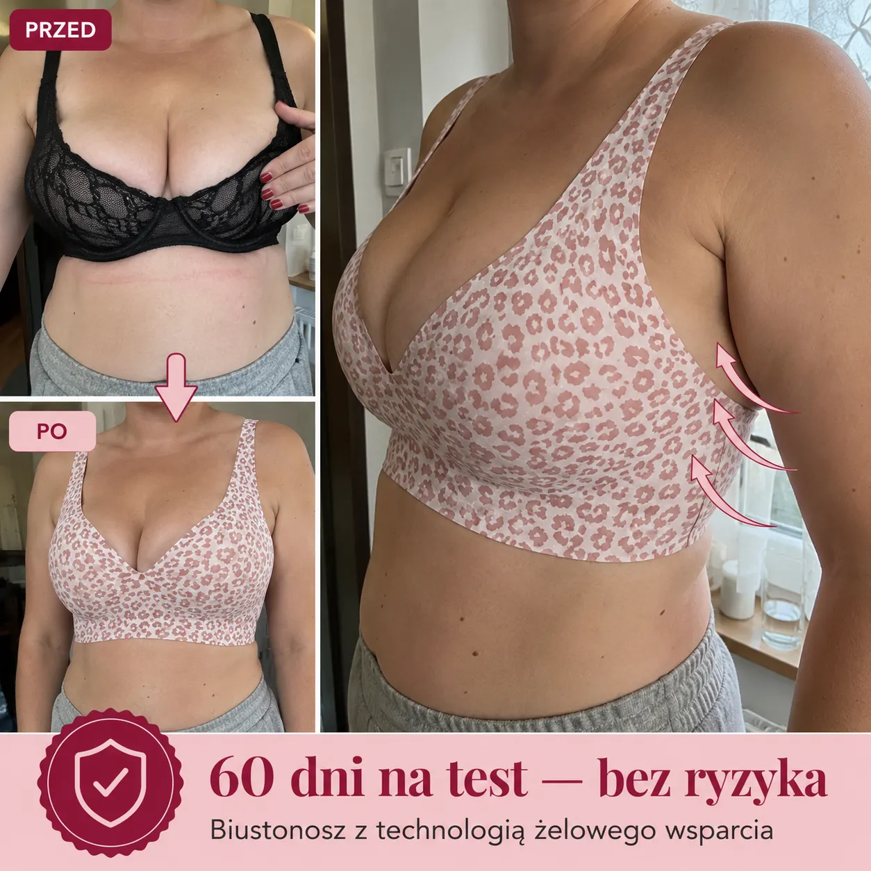 Bezfiszbinowy biustonosz żelowy BOOSTA - różowy lampart, bez fiszbin i bez ucisku